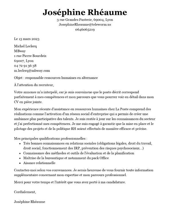 Lettre de motivation exemple - alternance RH