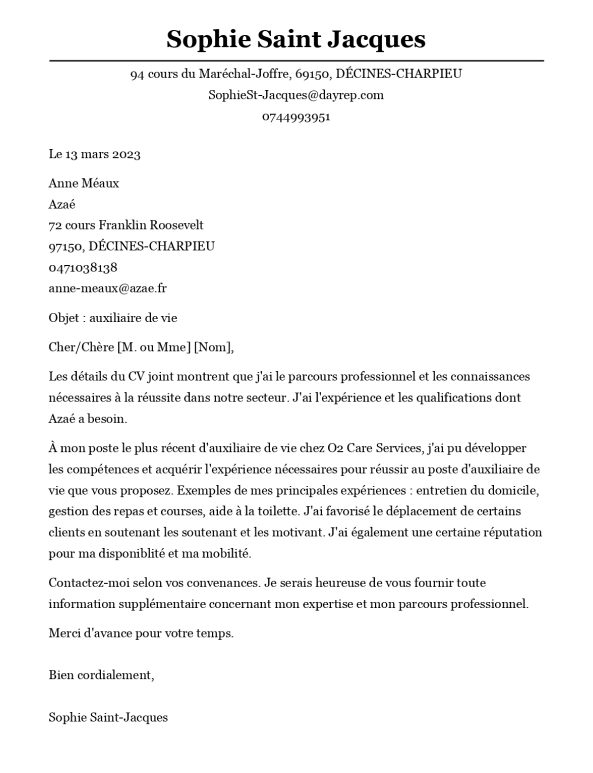 Lettre de motivation exemple - auxiliaire de vie