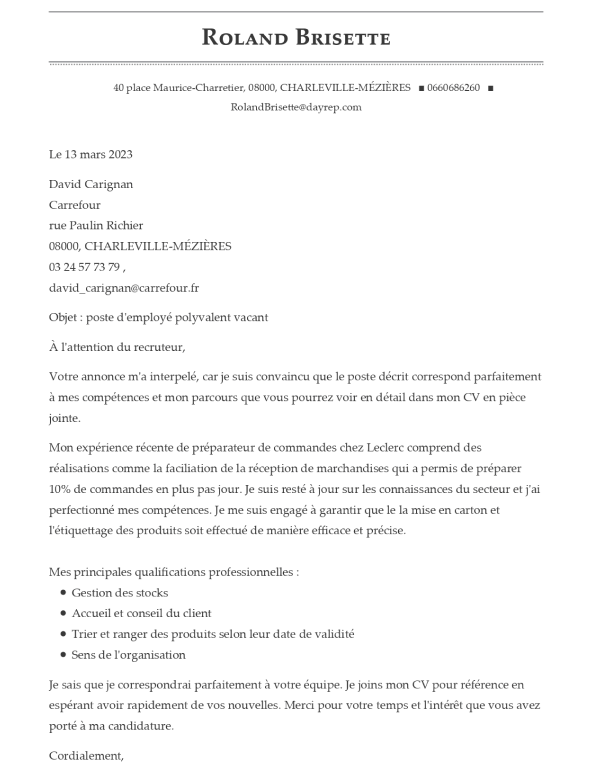 Lettre de motivation exemple - employe polyvalent
