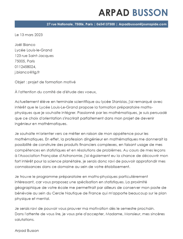 Lettre de motivation exemple - Parcoursup