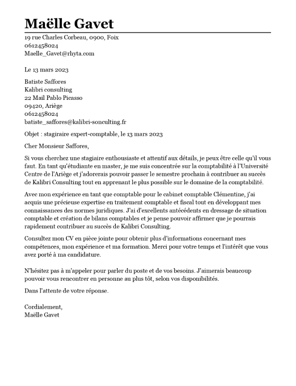 Lettre de motivation exemple - stage expert comptable