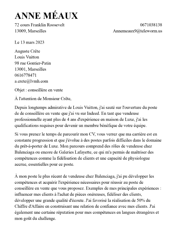 Lettre de motivation exemple - vendeuse
