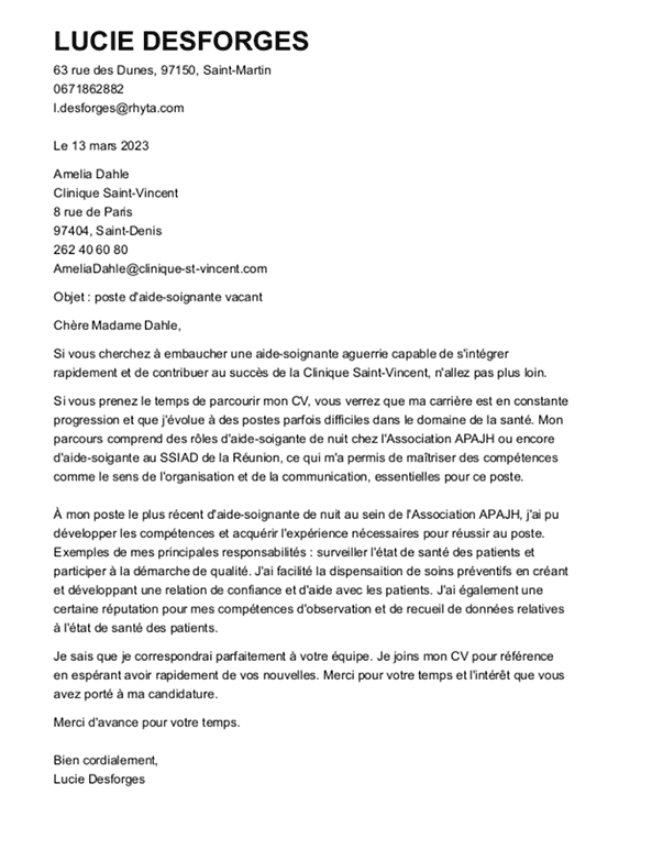 Lettre de motivation exemple - aide soignante
