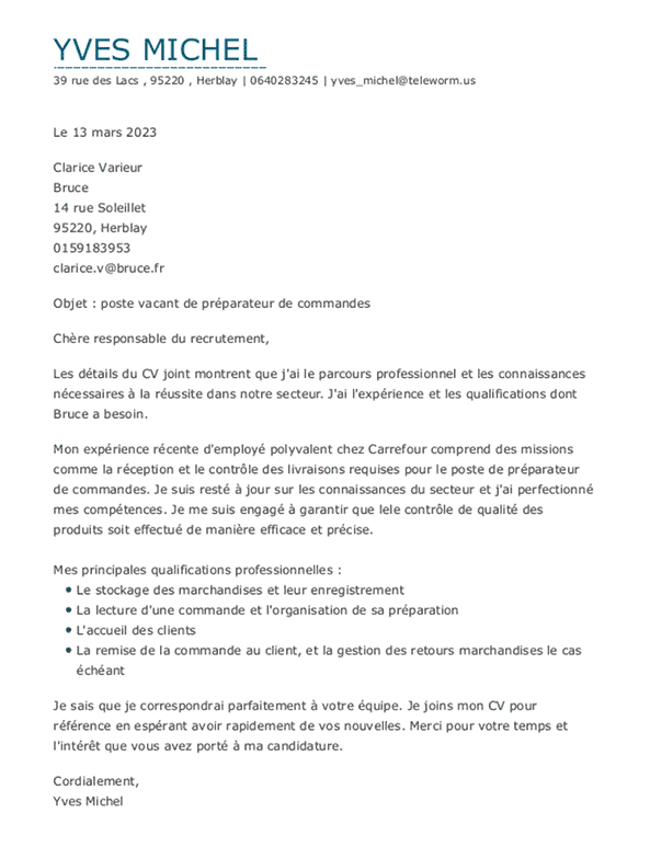 Lettre de motivation exemple - preparateur de commandes