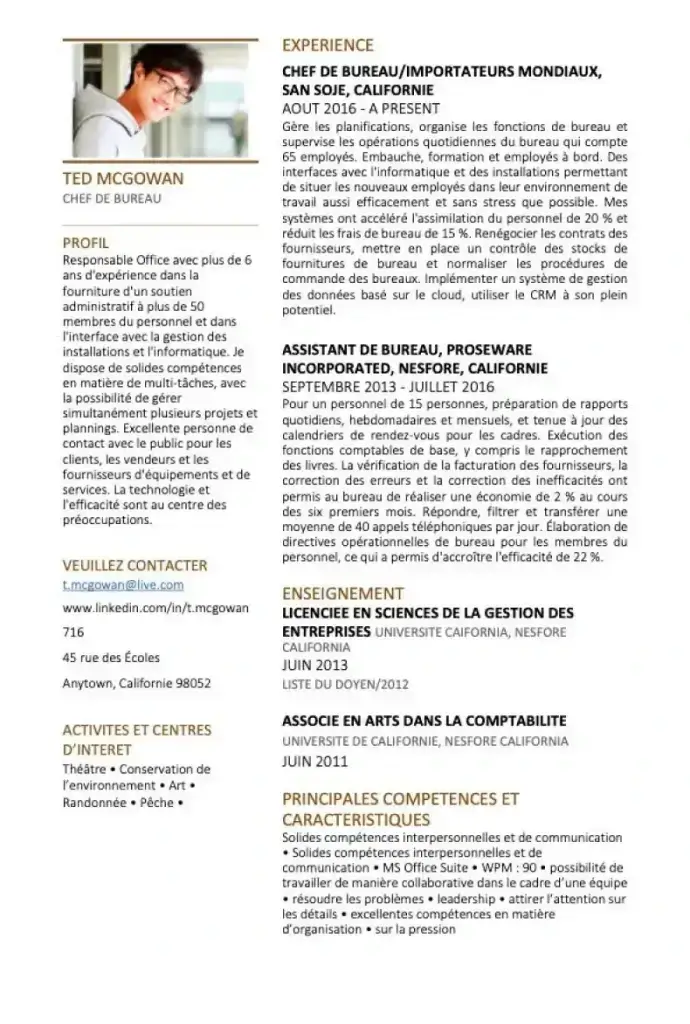 CV Word gratuit - Chef de bureau
