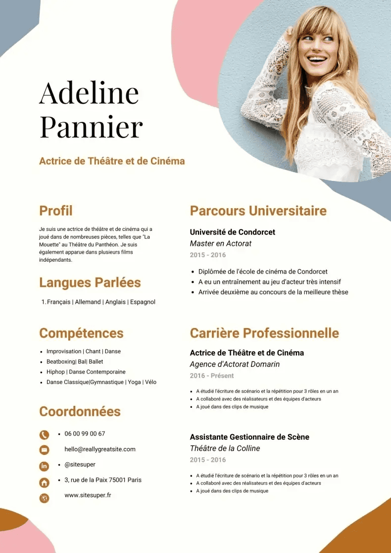 Canva CV gratuit - Actrice de théâtre et cinéma