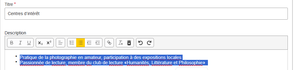 une sélection de centres d'intérêt dans un logiciel